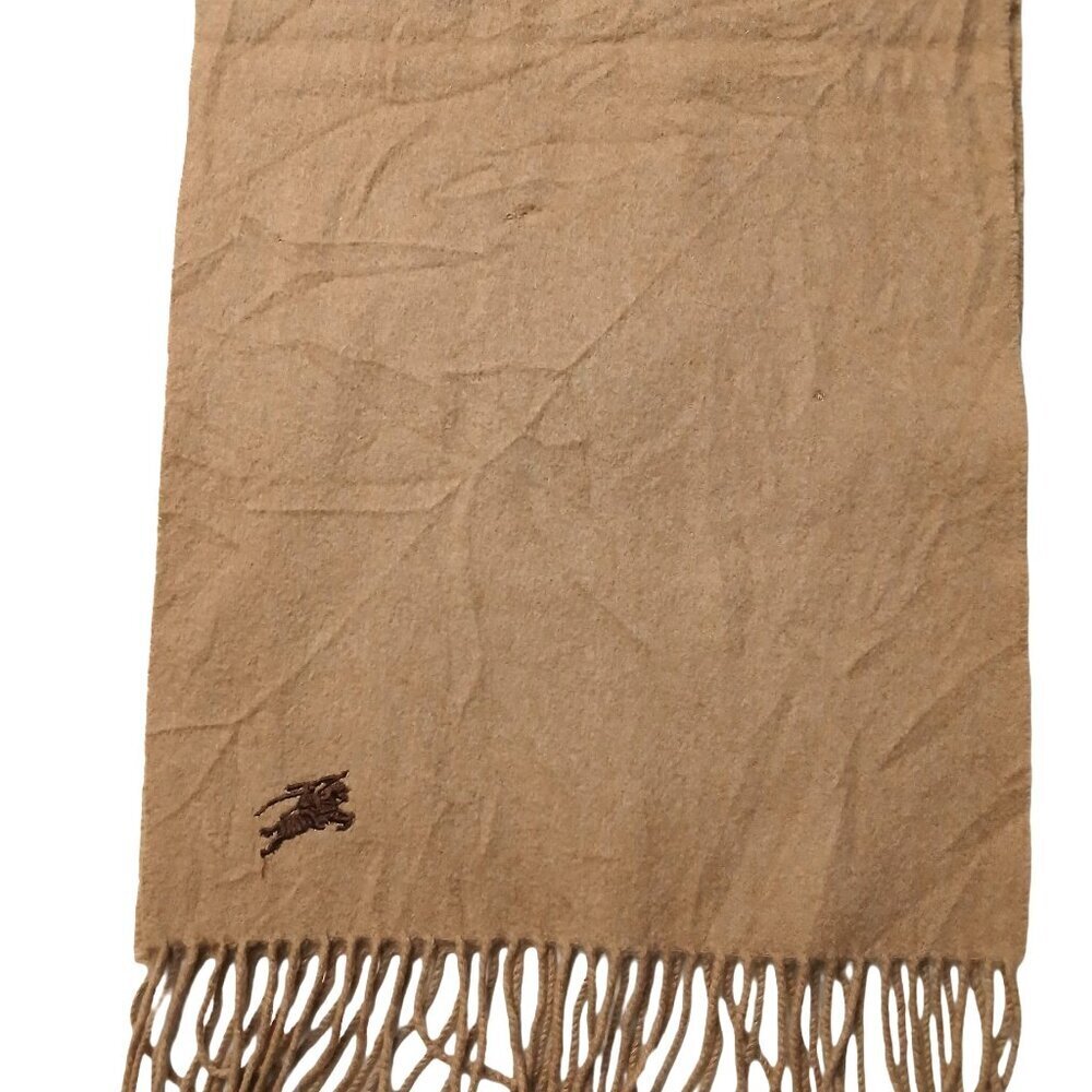 Luxury Vintage Tan Cashmere Burberry Scarf Embroidered Logo Fall Winter Scarves - Picture 3 of 6